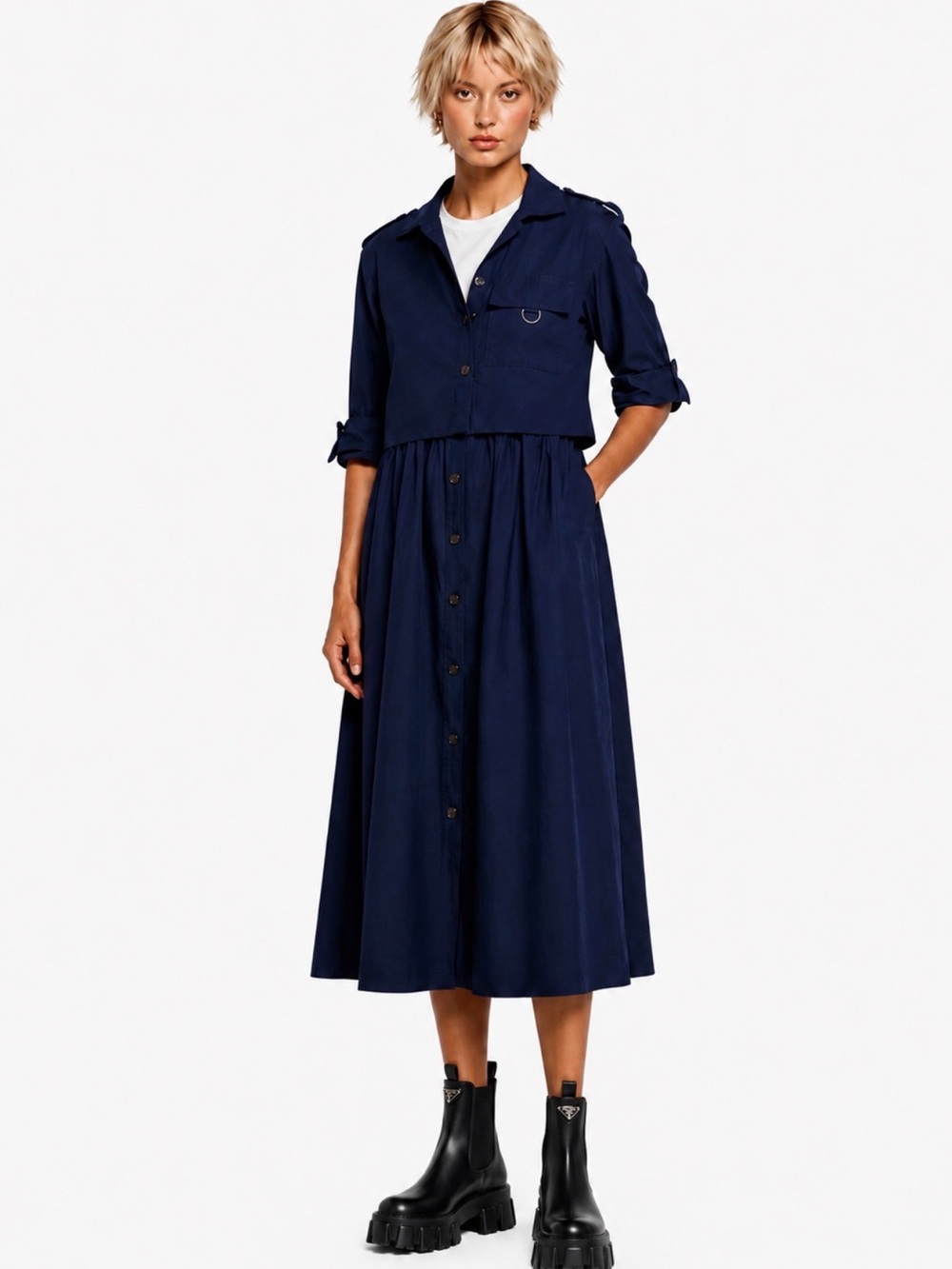 New🌺$475 DEREK LAM 10 CROSBY Janine Poplin Trench Dress Color Navy Blue  Size12